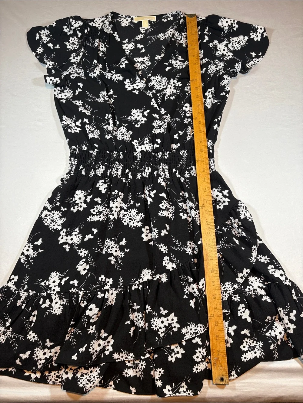 Michael Kors Black & White Floral V-Neck Tiered Midi Dress